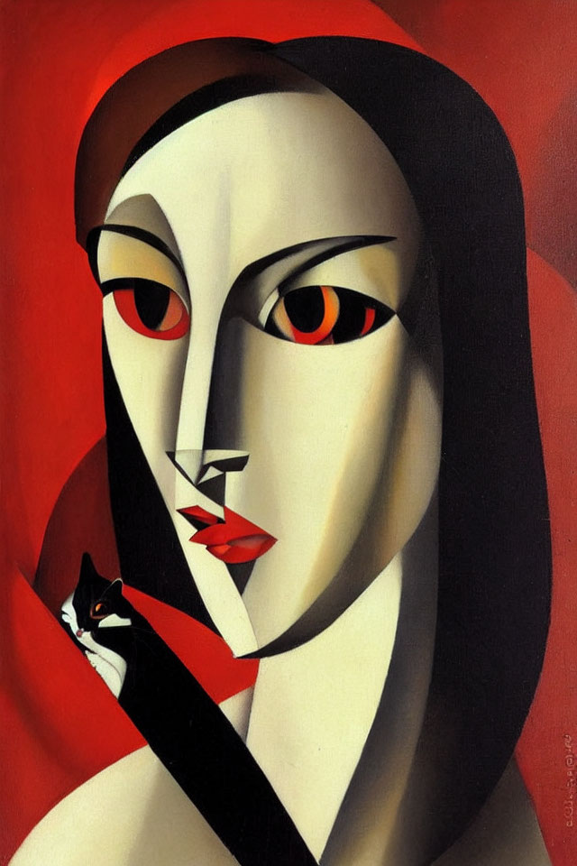 Geometric red portrait of woman with cat