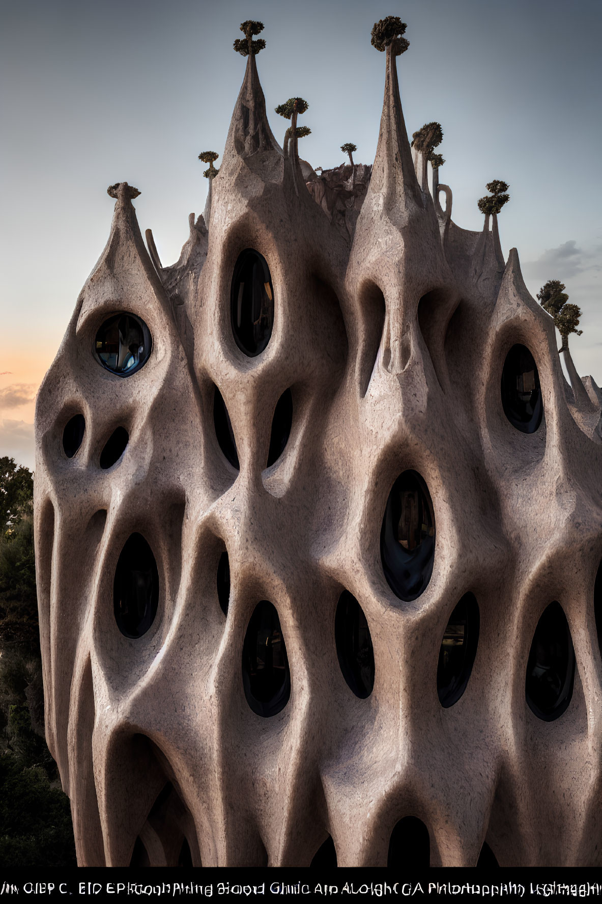 Organic Design Building with Rounded Windows and Bone-like Structures