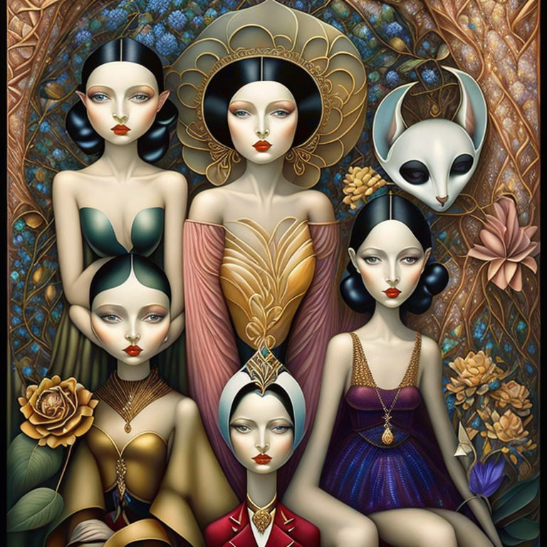 Stylized female figures in elegant attire with elaborate headdresses and alien-like mask against intricate floral backdrop