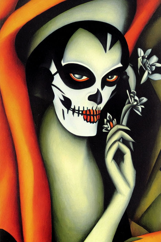 Stylized painting of skeletal figure with face paint holding a flower