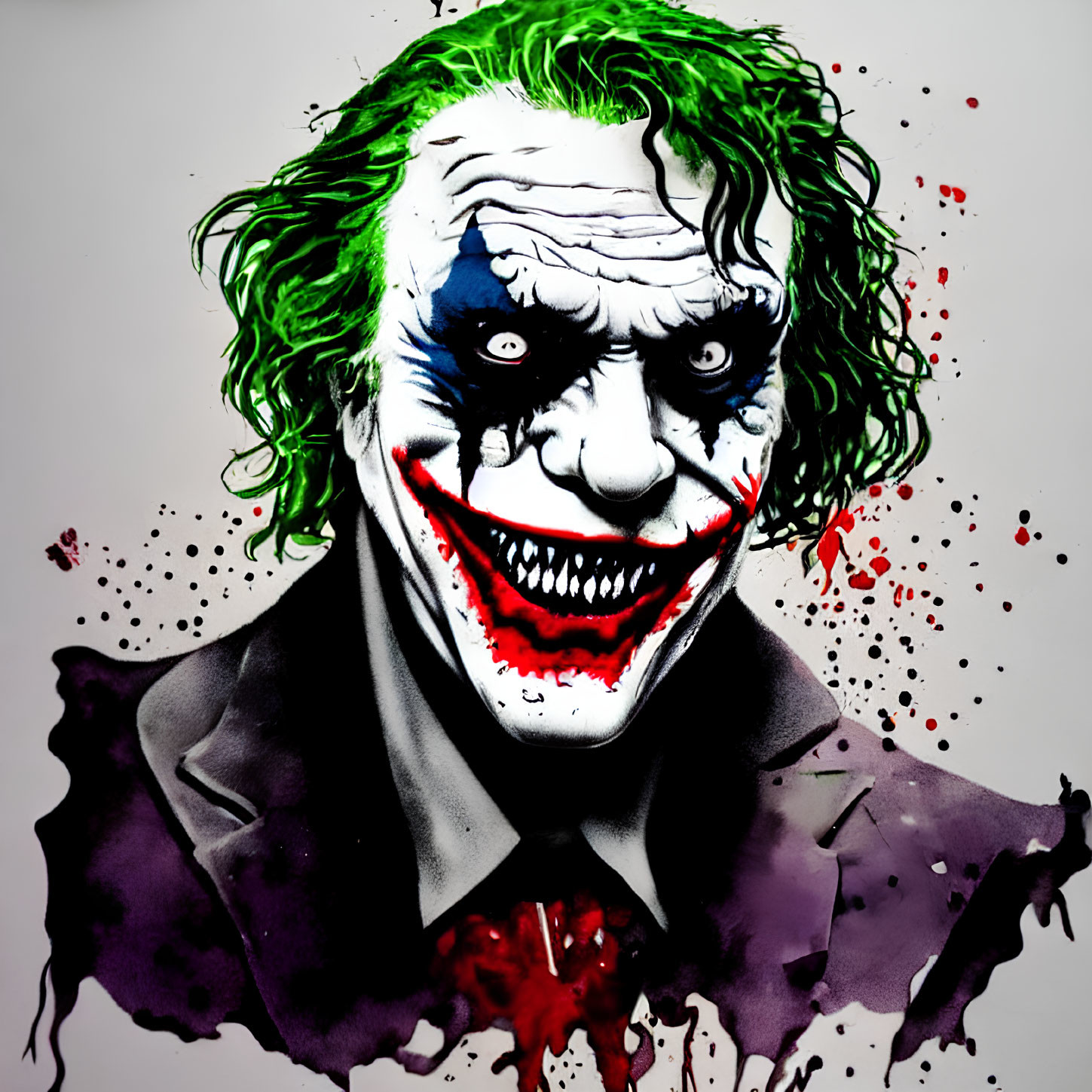 Detailed Joker illustration with green hair, white face, red grin, and ink blots
