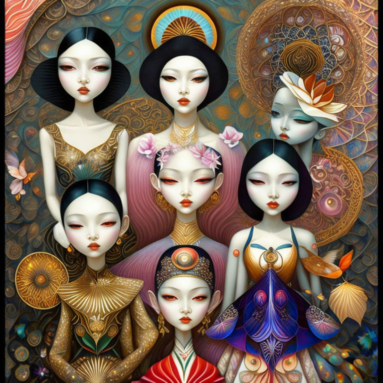 Stylized Asian women with ornate hairpieces on patterned background