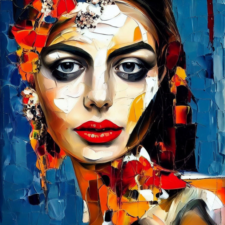 Vibrant abstract portrait of a woman with red lips and floral hair adornment