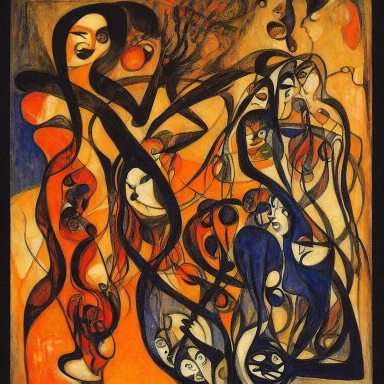 Vibrant Abstract Painting: Intertwined Figures in Orange, Blue, and Black