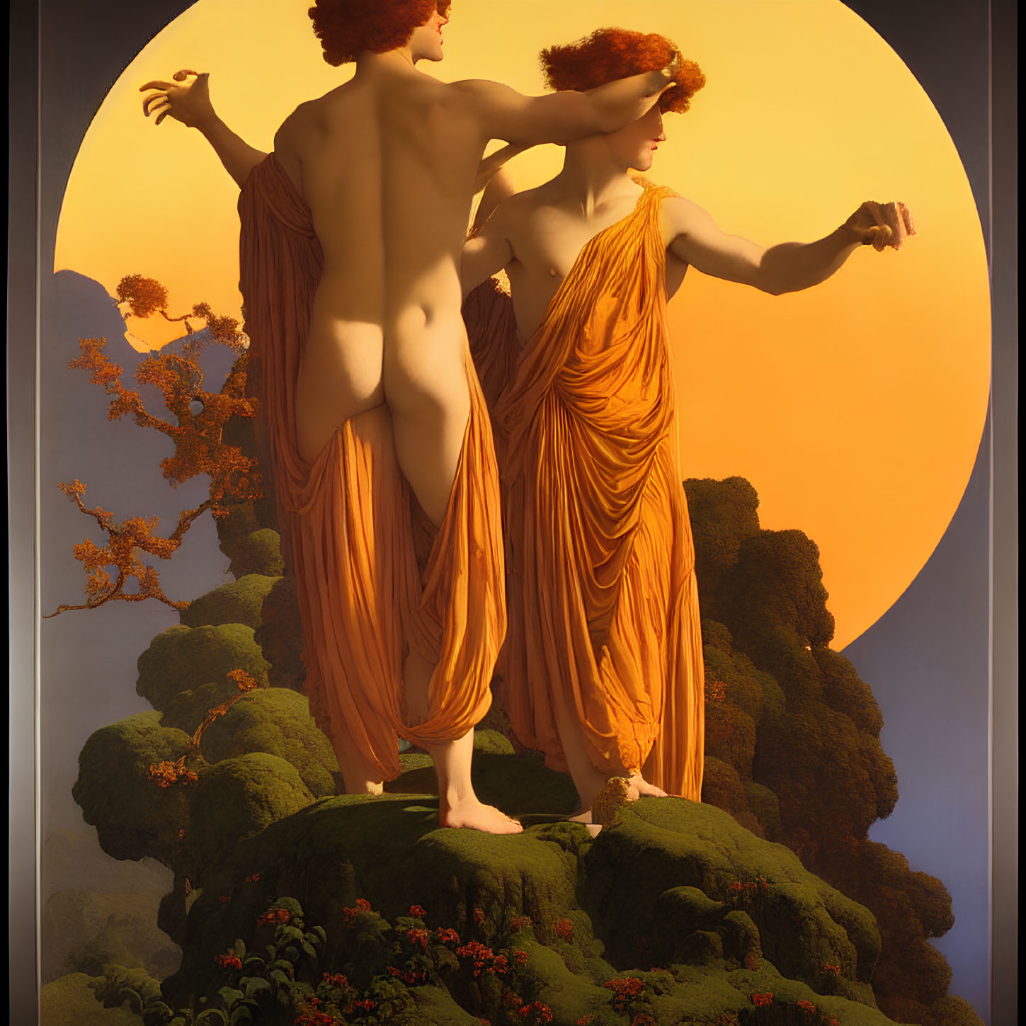 Classical figures in orange drapes on lush greenery under warm glow