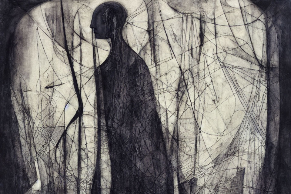 Monochrome artwork of somber figure in chaotic lines