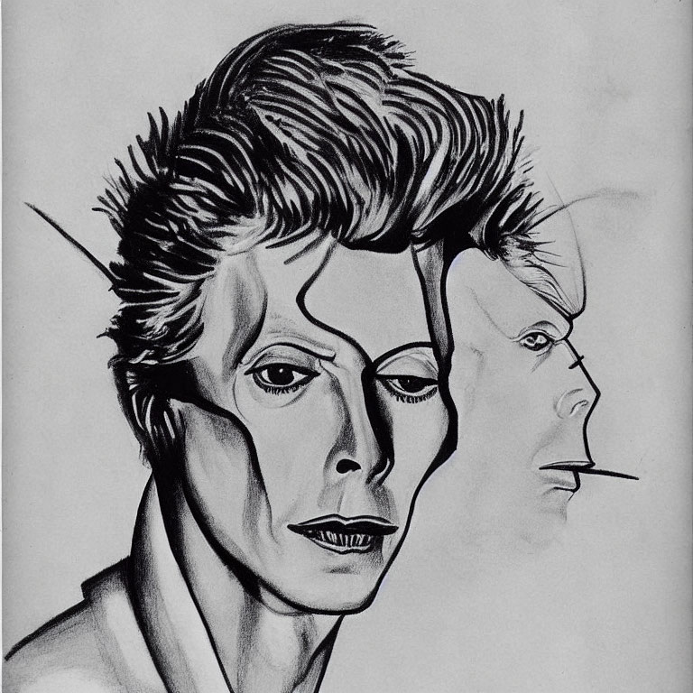 Split-face pencil drawing: man with prominent cheekbones and edgy hair next to abstract, fragmented side