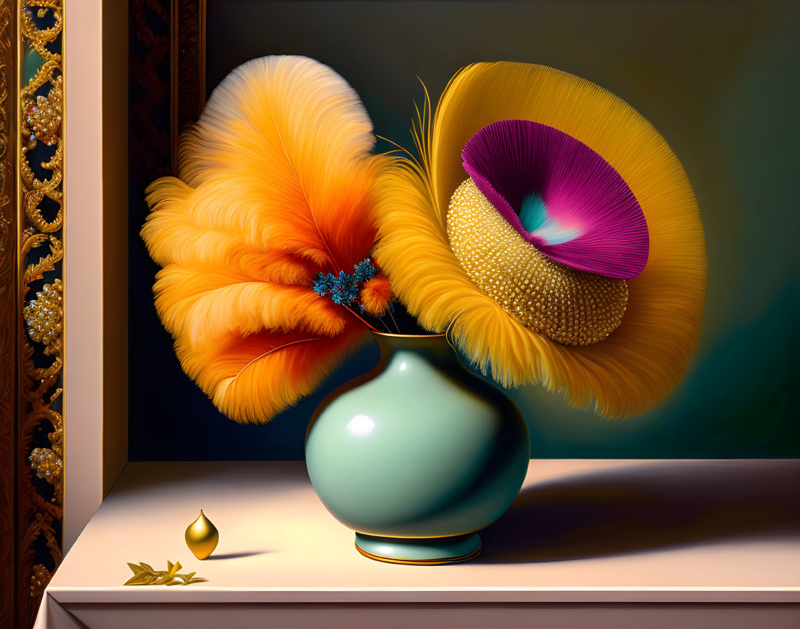 Colorful Still Life Painting with Turquoise Vase and Feathers on Shelf