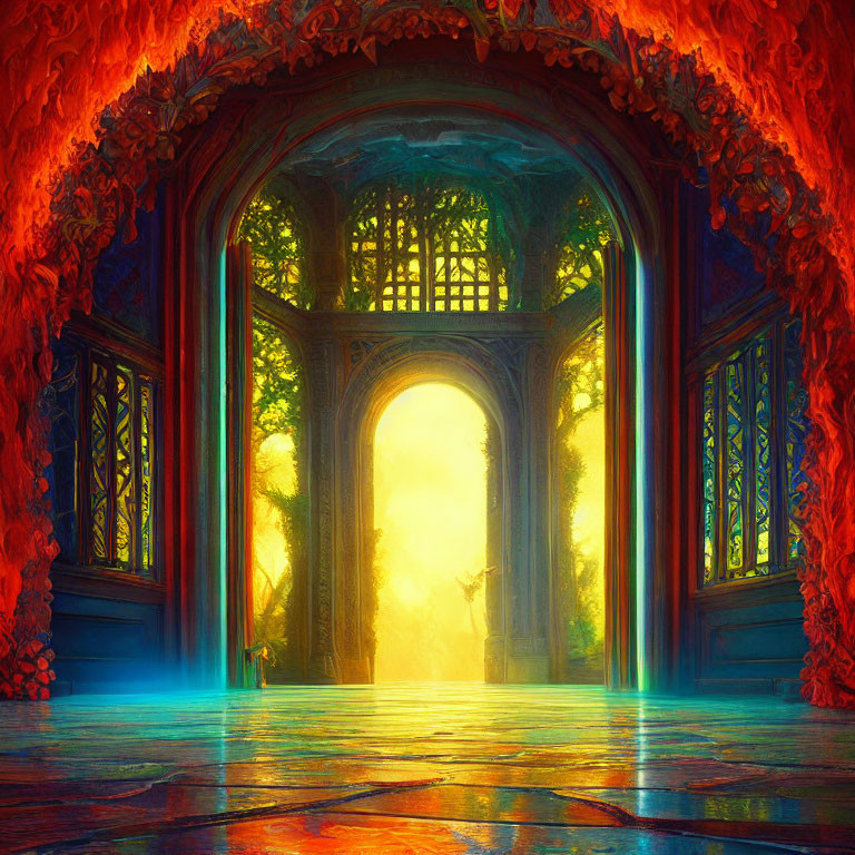 Colorful Fantasy Archway Leading to Enchanted Forest with Mystical Figure