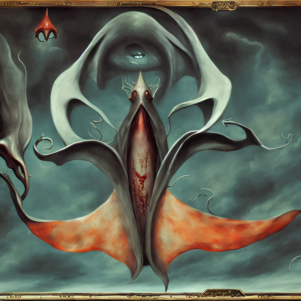 Surreal artwork: Creature with bat-like wings and central eye in dark, cloudy sky