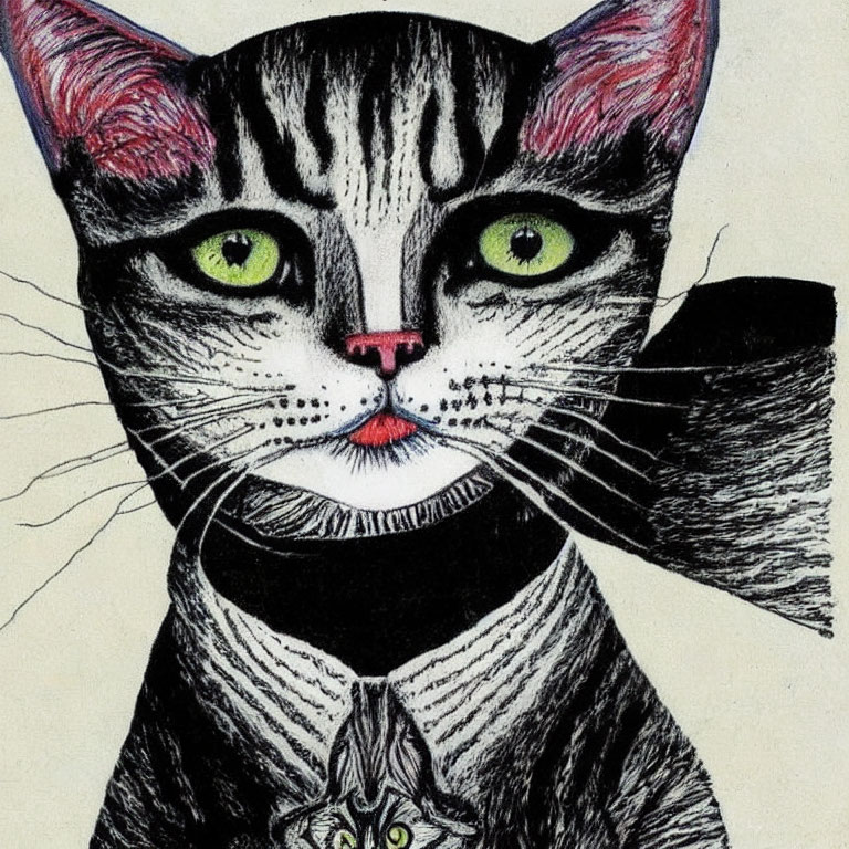 Black and White Cat Illustration with Green Eyes and Bow Tie