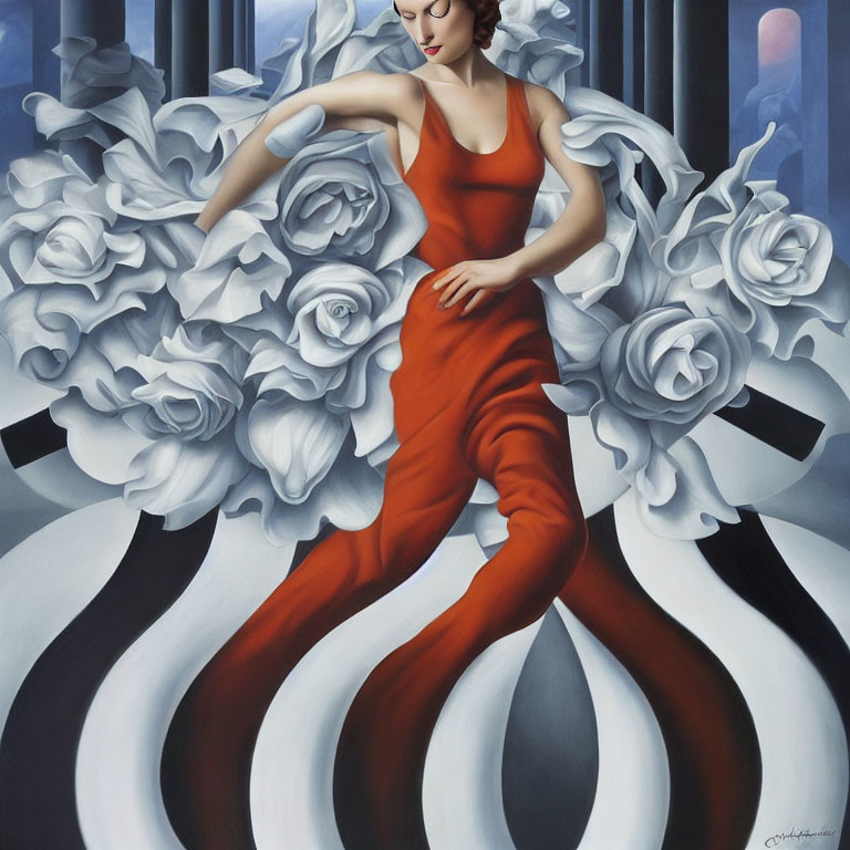 Stylized painting of woman in red dress with white roses on swirling backdrop