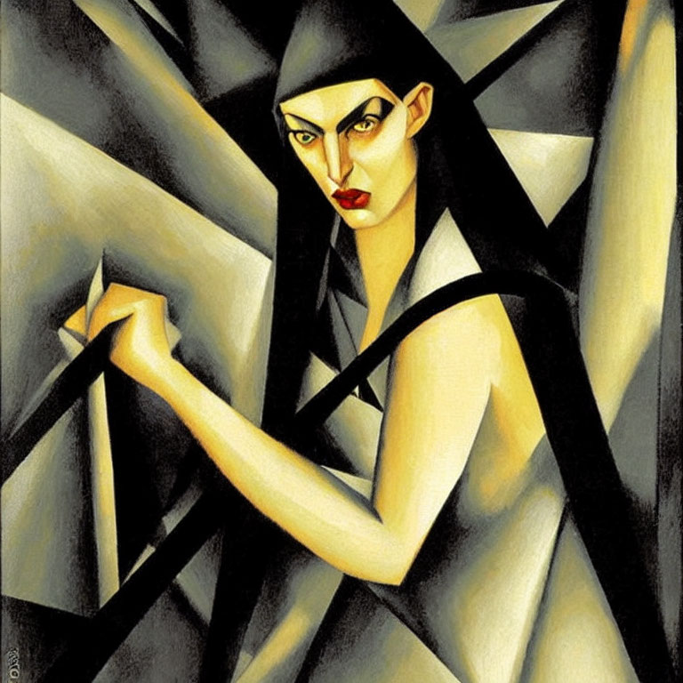 Geometric Abstract Art: Woman with Sharp Angles and Monochromatic Palette