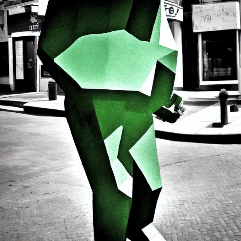 Green abstract sculpture in urban setting with geometric shapes and angles