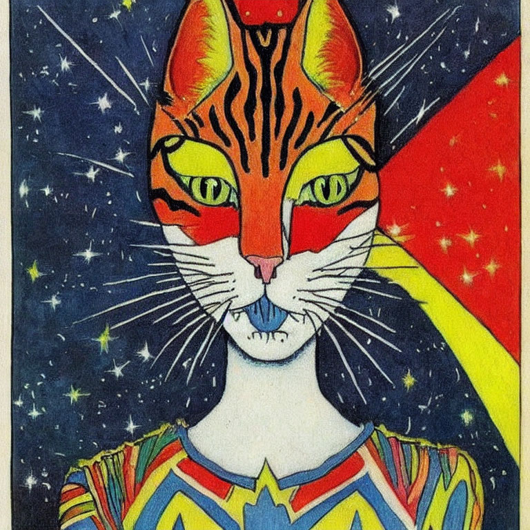 Colorful Cat Illustration with Starry Night Sky and Geometric Patterns