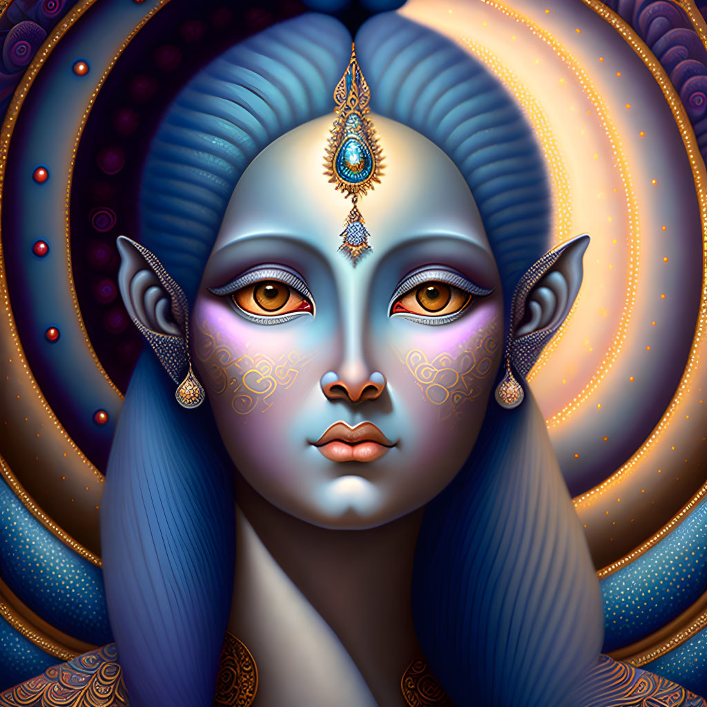 Blue-skinned elf-eared mystical figure with gold patterns and jeweled headpiece on decorative background.