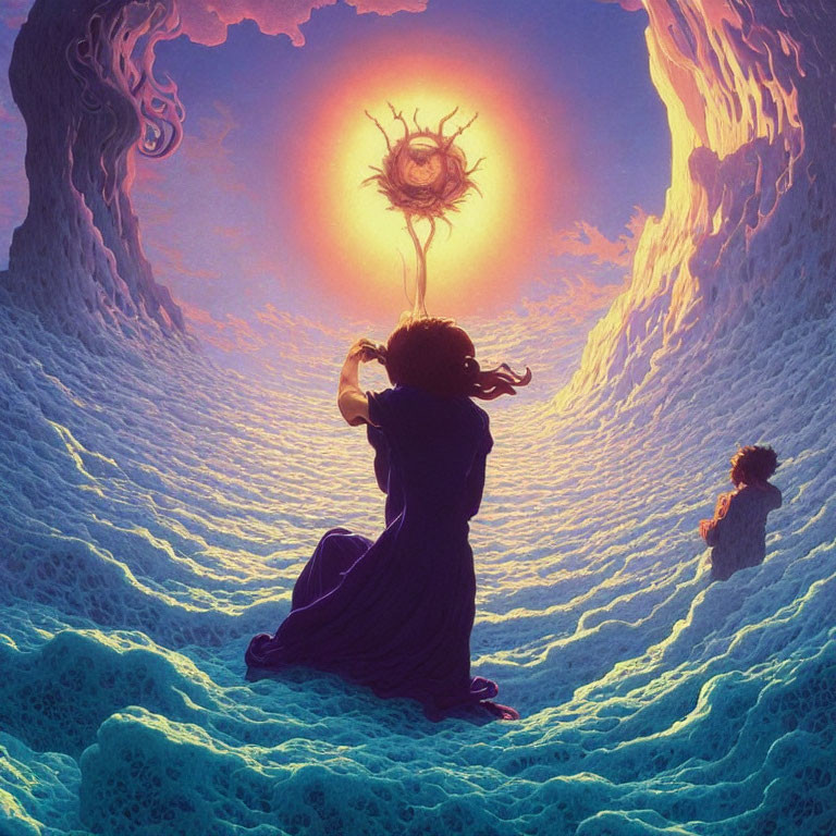 Surreal artwork: person reaching to glowing tree-sun with child in vibrant canyon