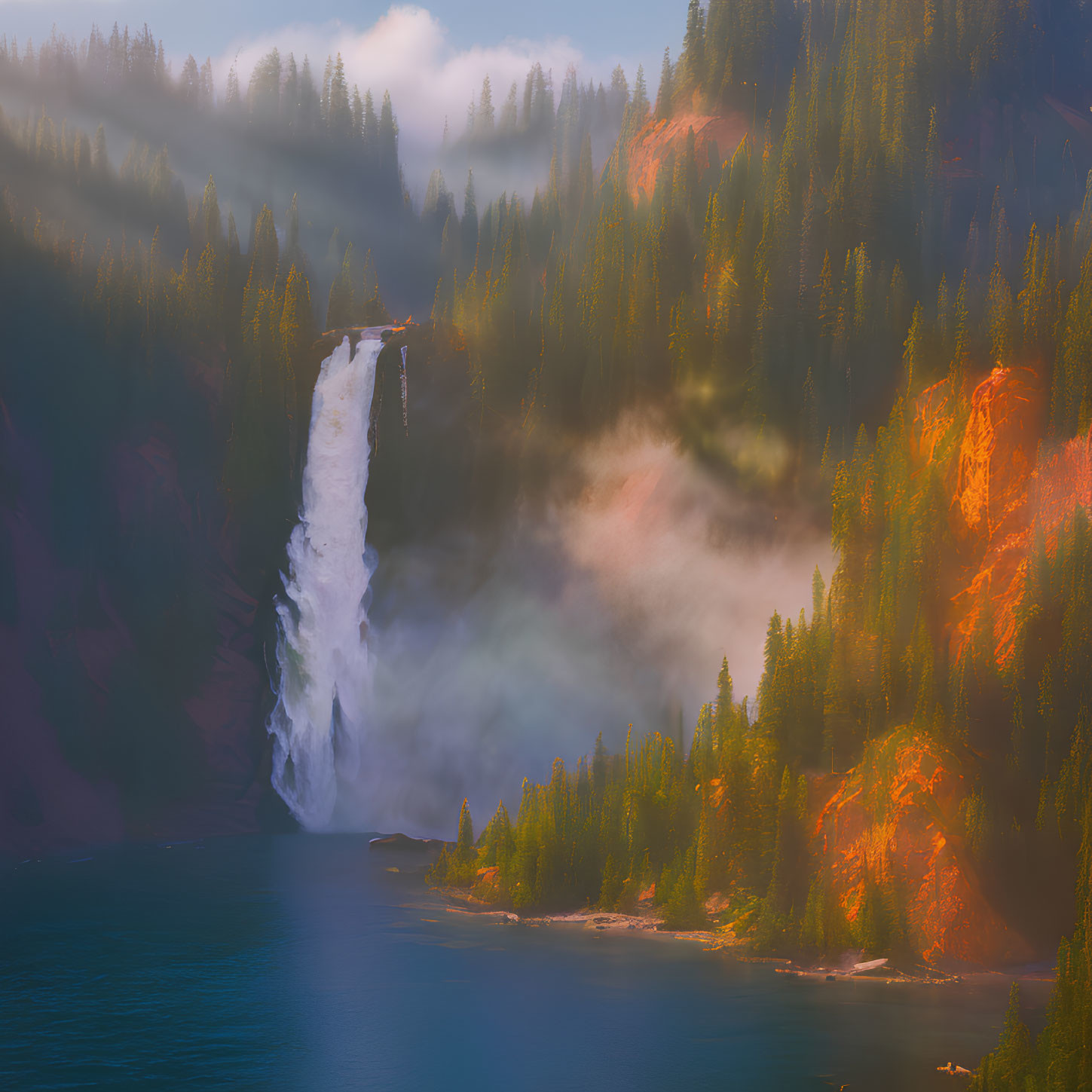 Majestic waterfall cascading into serene lake in forest setting