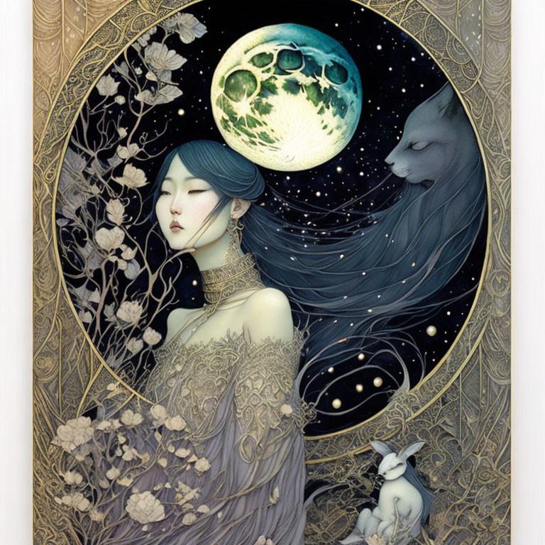Fantasy-style art: Woman with flowing hair, moon, wolf, rabbit, and floral motifs in
