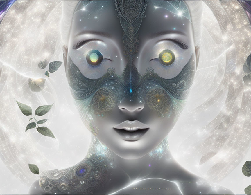 Detailed digital artwork of a face with multi-colored eyes and ornate patterns in a misty, star