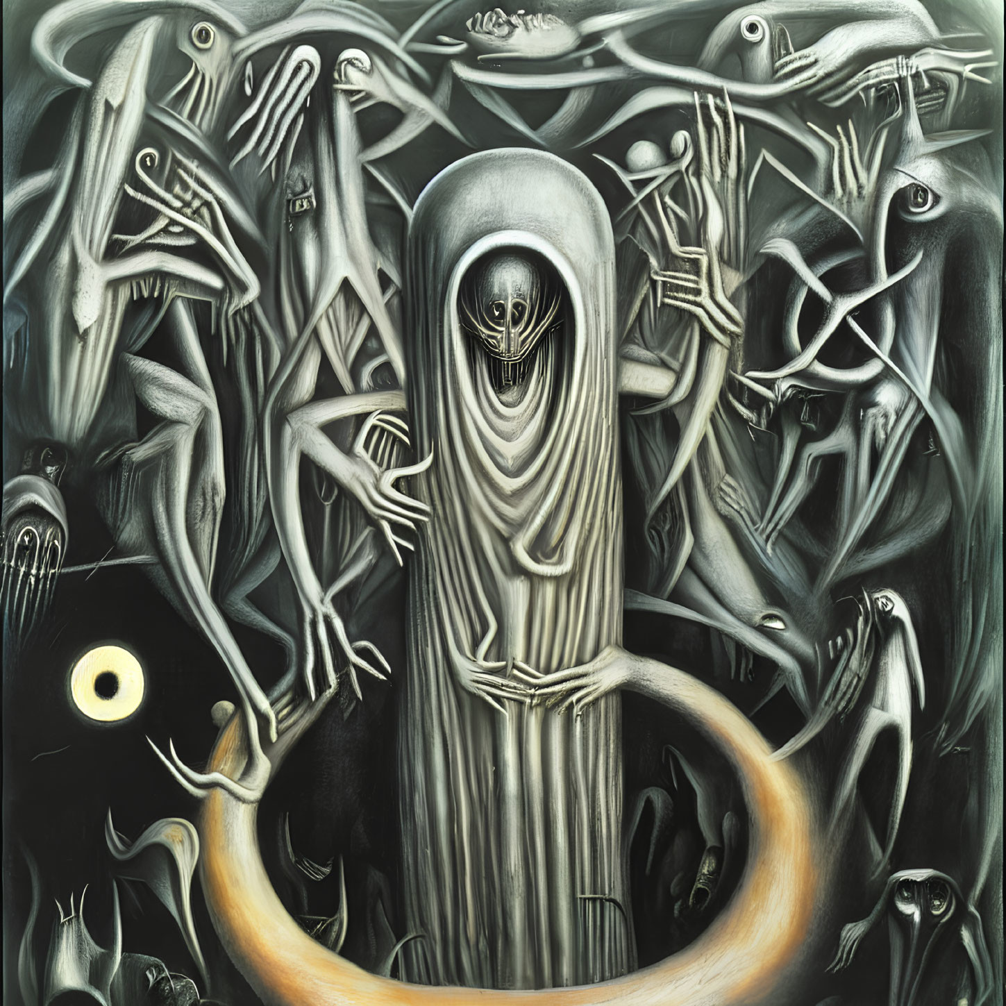Abstract humanoid figures in dark tones with eerie faces and elongated limbs surrounding a prominent, ominous figure