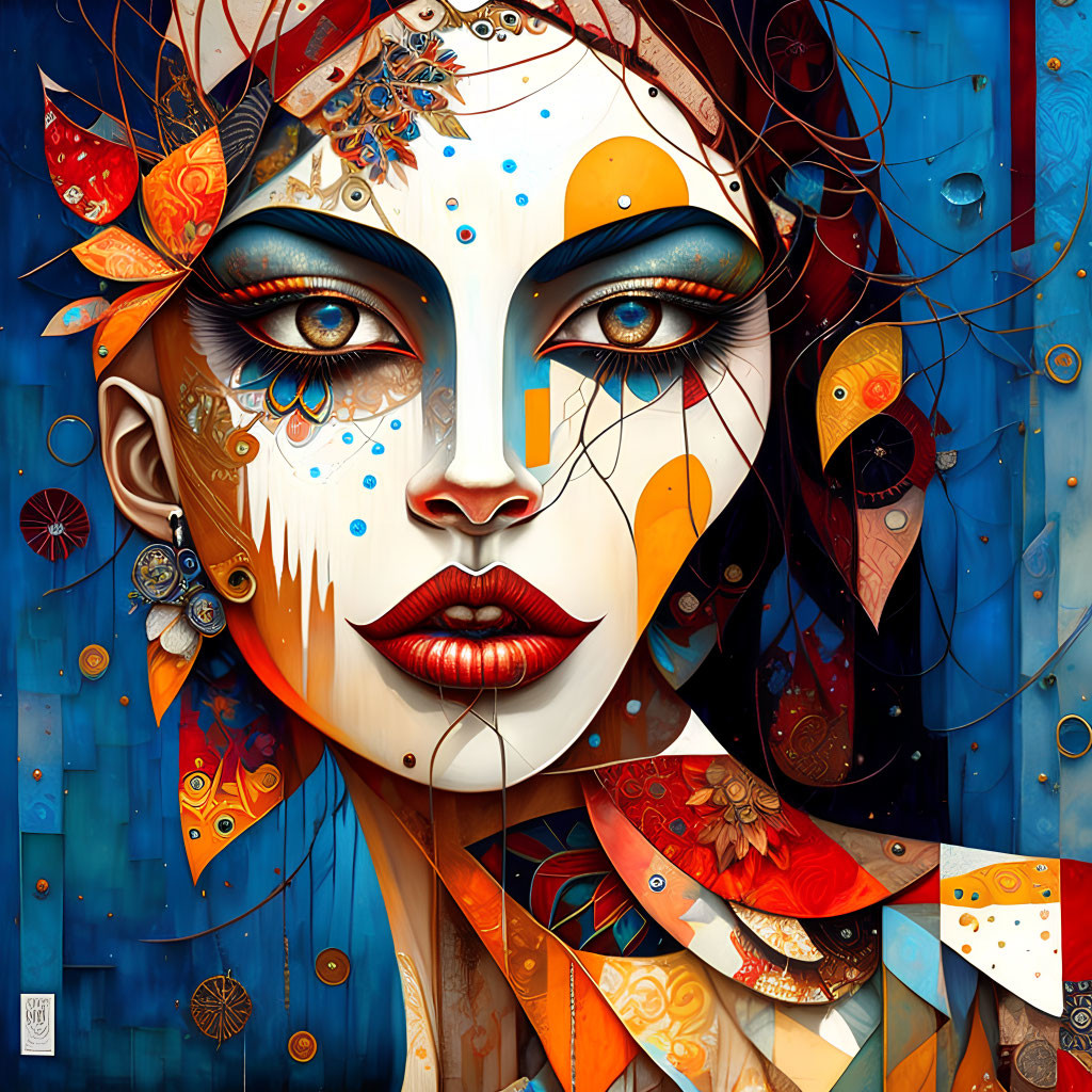 Colorful abstract digital artwork of a stylized female face with intricate patterns and surreal elements