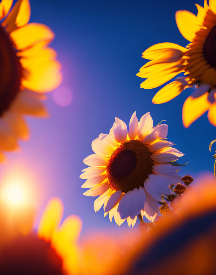 Bright sunflowers against blue sky with golden petals and bokeh effect