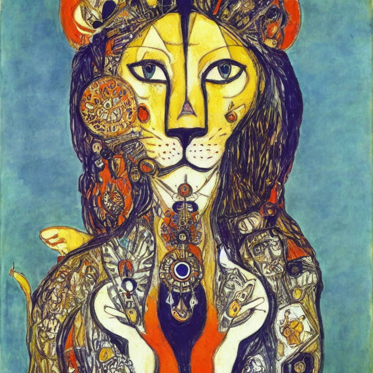Colorful lion with human-like face in intricate patterns and ornaments