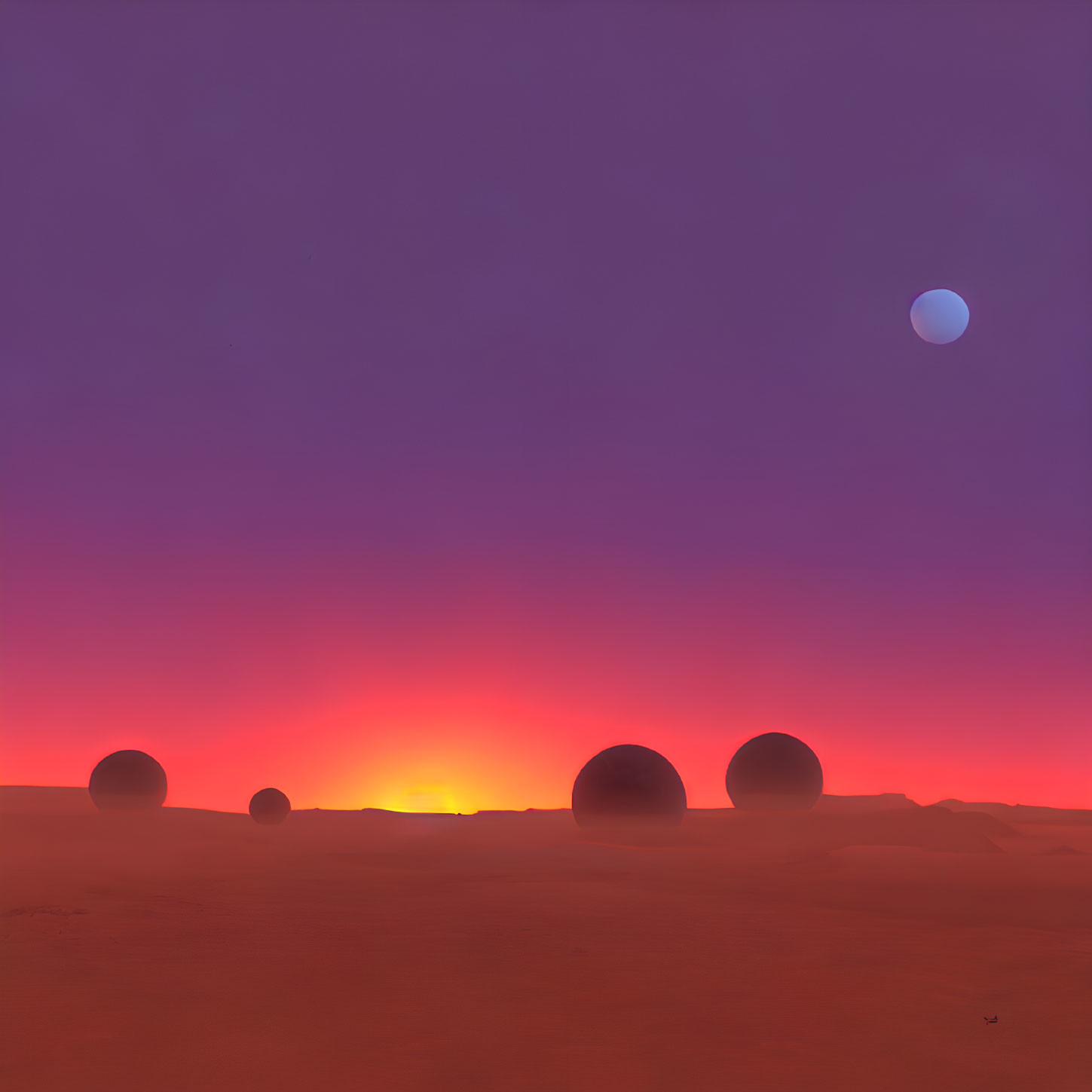 Vibrant pink-orange sunset landscape with round structures