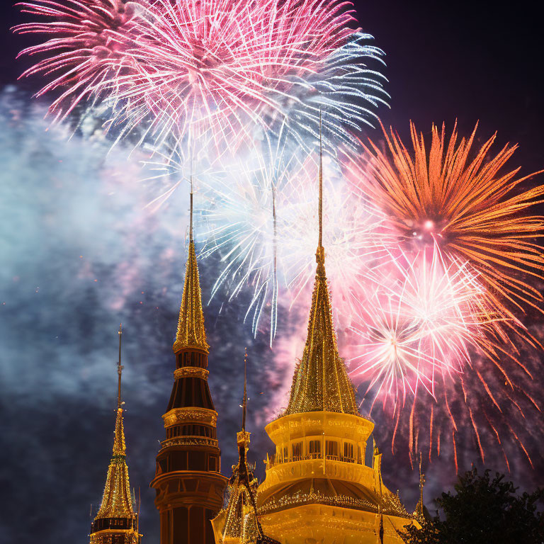 Colorful fireworks illuminate night sky over golden spires