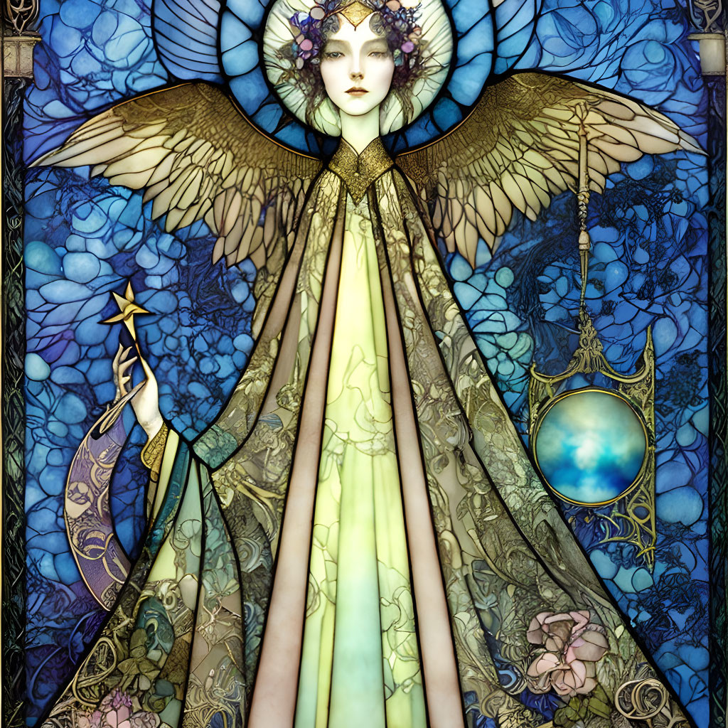 Ethereal figure with wings holding star and sphere in stained glass-style illustration