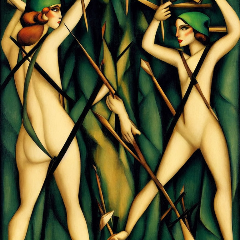 Stylized female figures with green caps in angular, reed-like setting