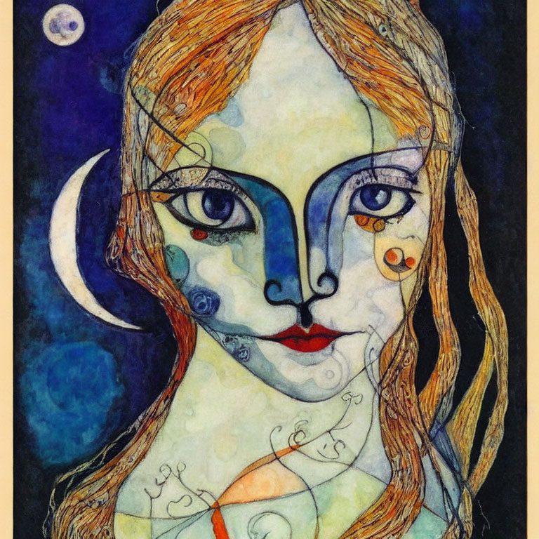 Stylized female face with celestial elements in watercolor palette