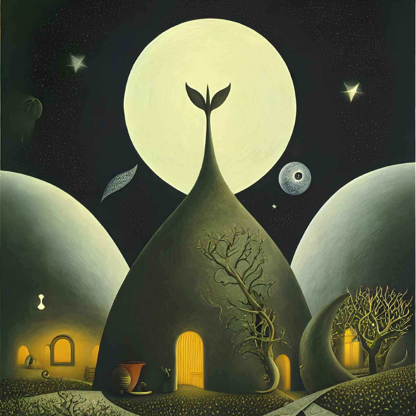 Nighttime landscape with moon, hills, tree silhouette, stars, and warm-lit windows