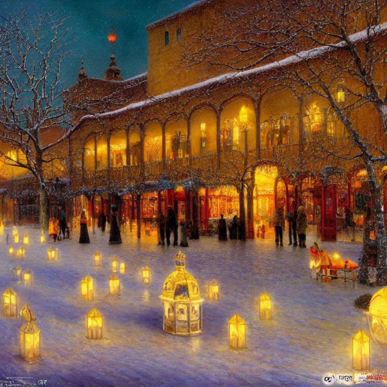 Winter evening market with snow, lanterns, shoppers, and illuminated building.