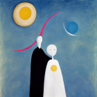 Abstract black and white humanoid figures with sun and moon in blue sky connected by red arc