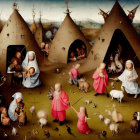 Surreal painting of children and creatures in whimsical tent scene