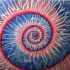 Detailed painting of human eye with orange and red veins on surreal cloudy sky background