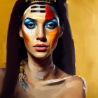 Colorful Makeup and Egyptian Necklace on Woman Against Yellow Background