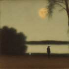 Solitary Figure by Water Under Full Moon