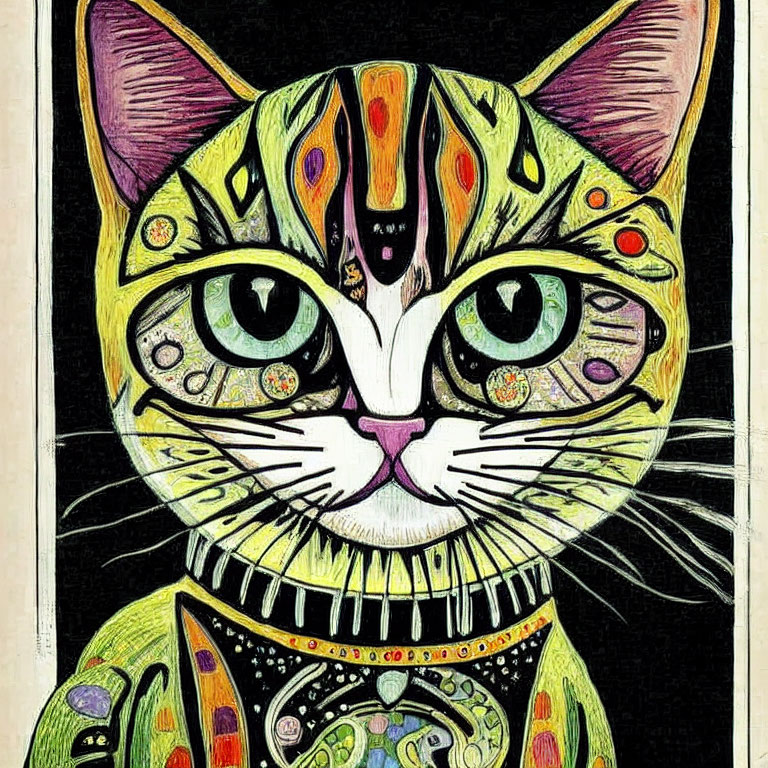 Detailed colorful cat illustration with intricate patterns and big green eyes