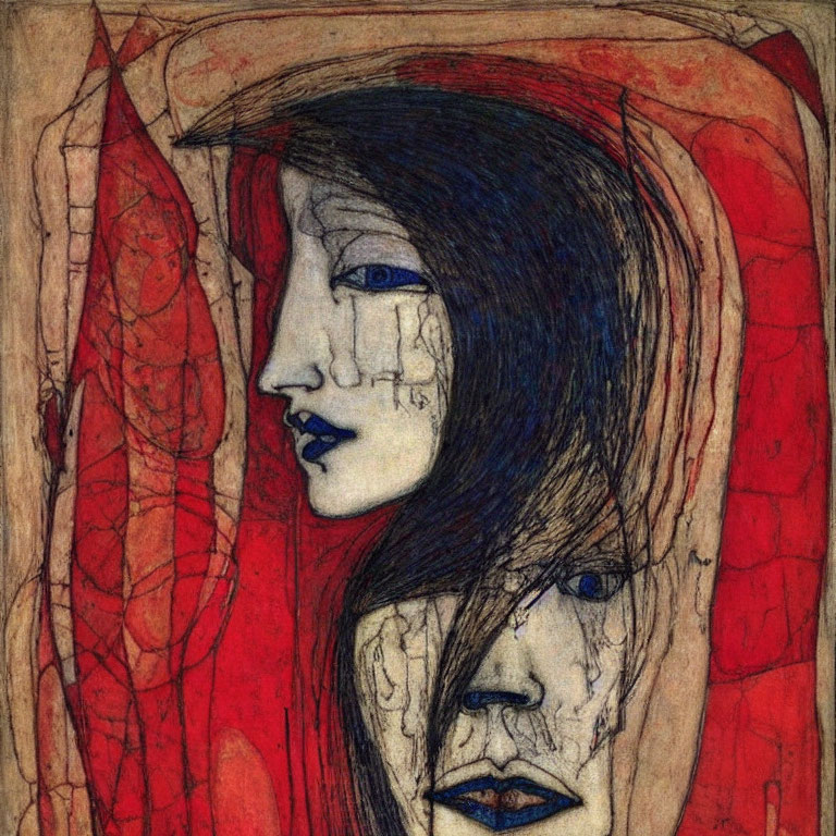 Stylized female face with blue features and abstract red-orange shapes