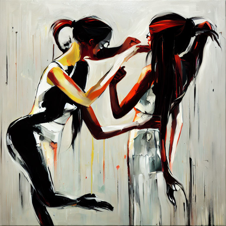 Stylized female figures in intimate pose with dynamic brush strokes