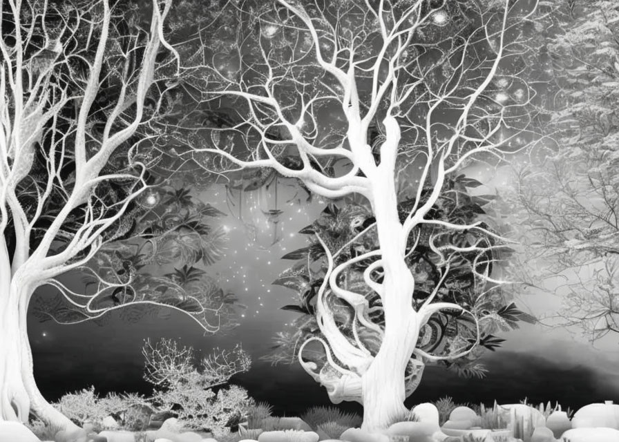Surreal grayscale forest with twisted trees and floating orbs