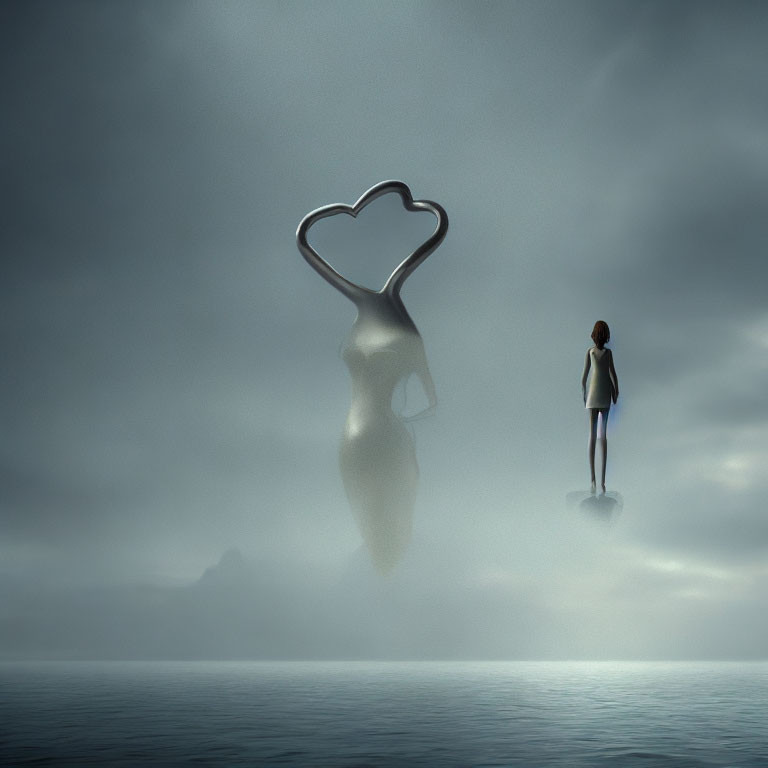 Surreal image of woman by calm sea with floating heart-headed figure
