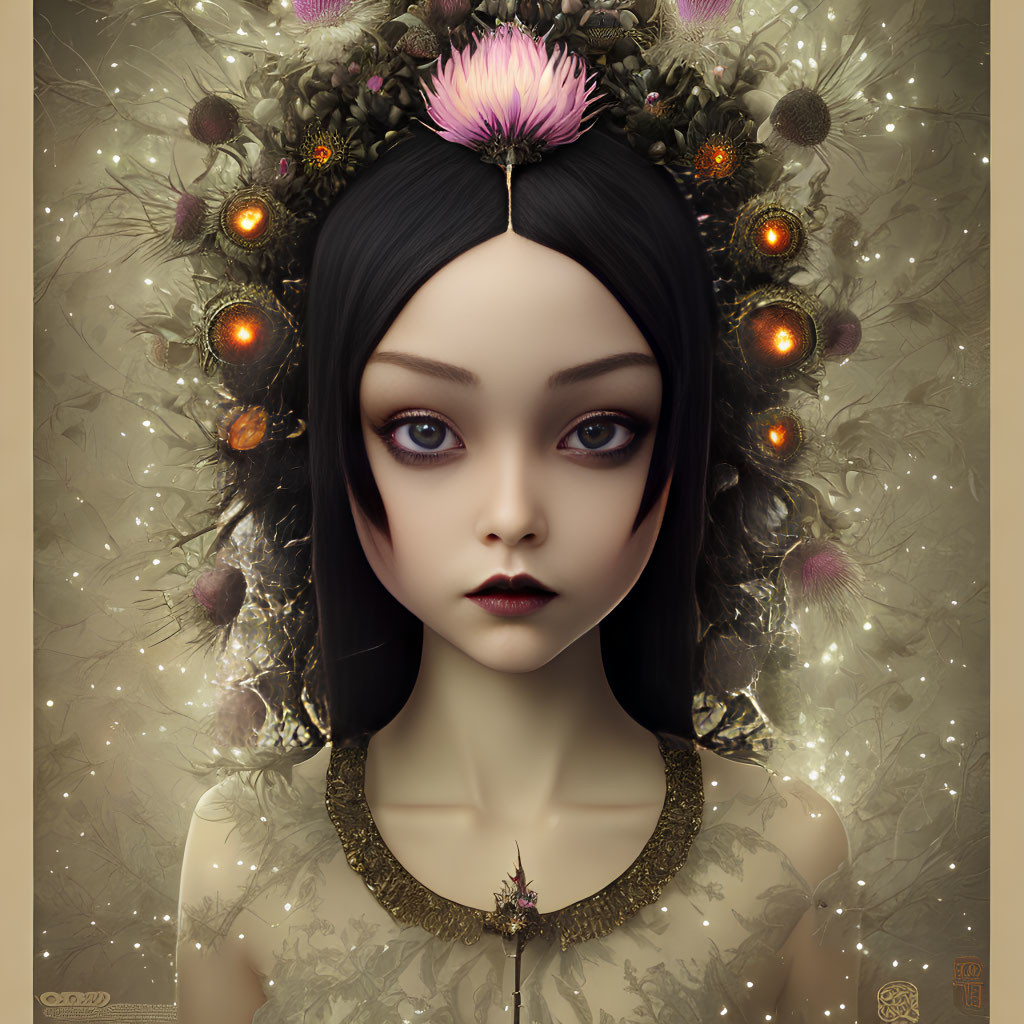 Digital portrait of a female character with dark eyes, floral crown, earthy tones.