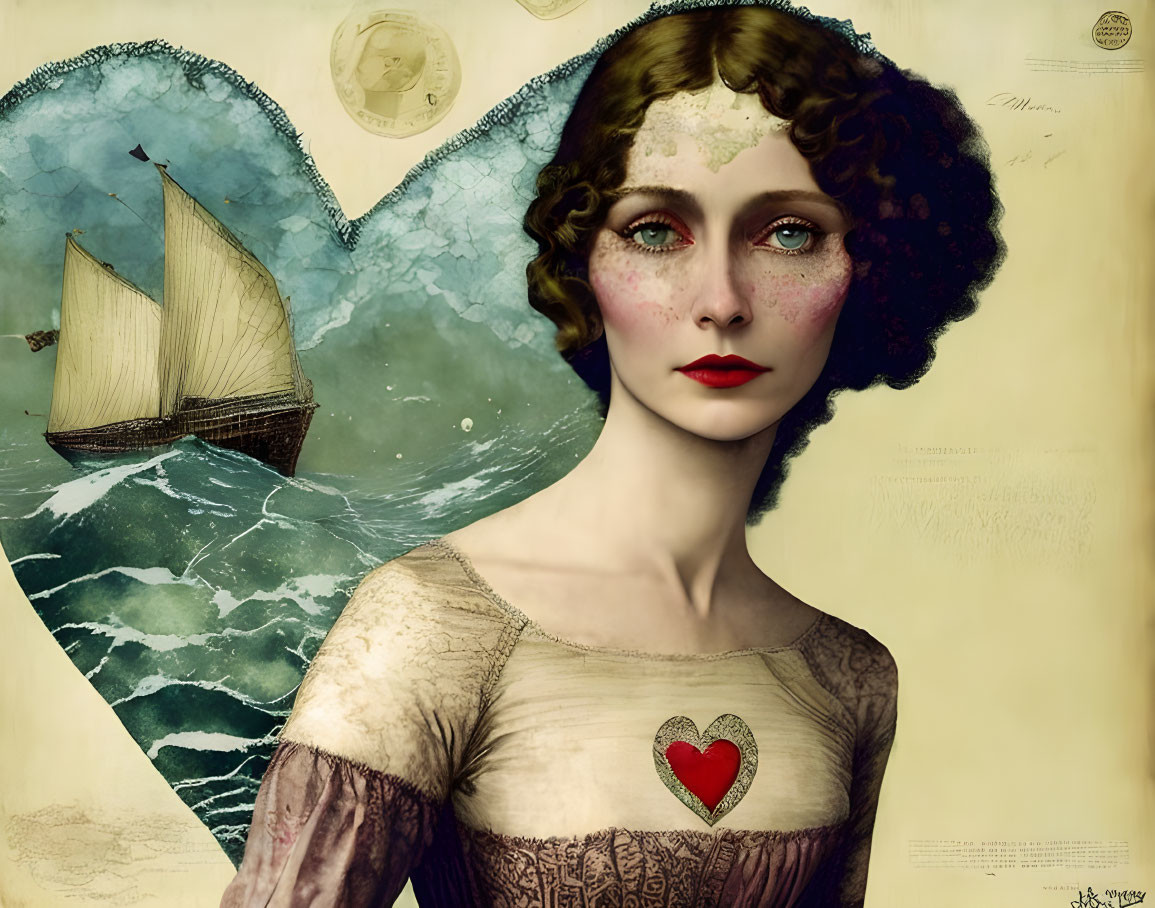 Vintage-style illustration of woman with heart on chest, in front of antique sea map and sailing ship.