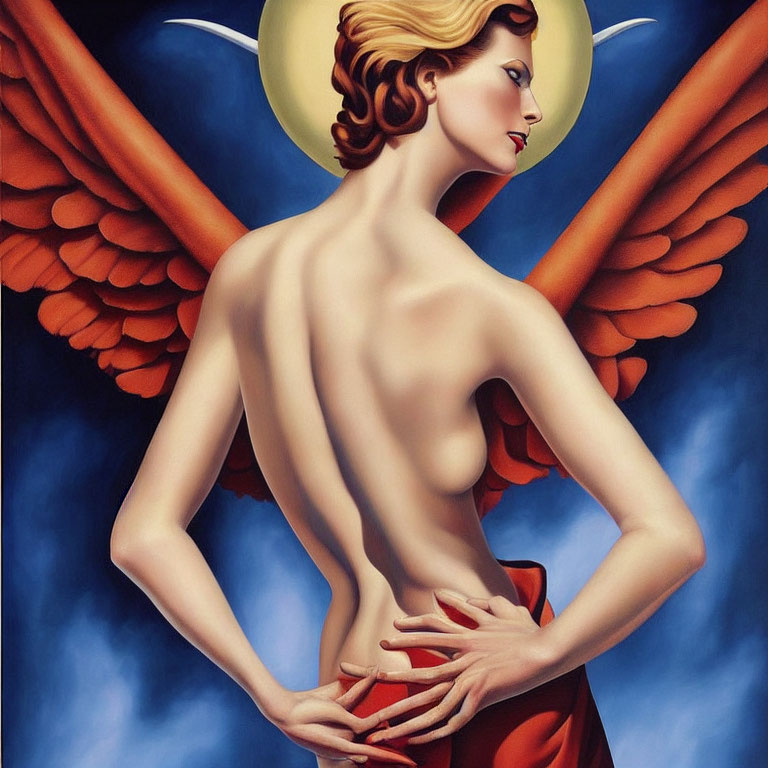 Illustration of winged woman with halo and red drape in classic pose