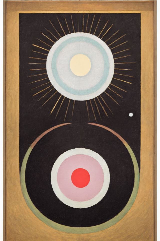 Abstract Vertical Rectangle Artwork with Concentric Circles and Sun Motifs