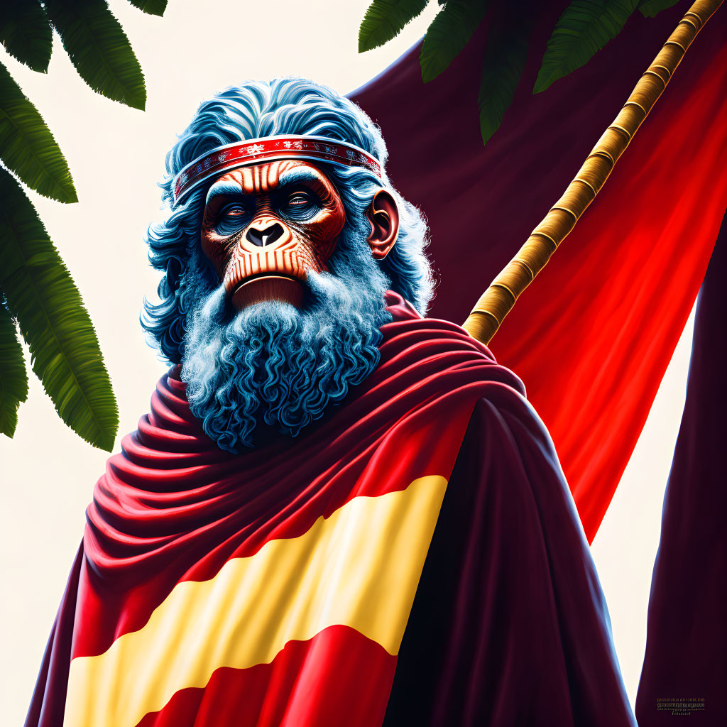 Regal anthropomorphic gorilla in red and gold cape with forest backdrop.